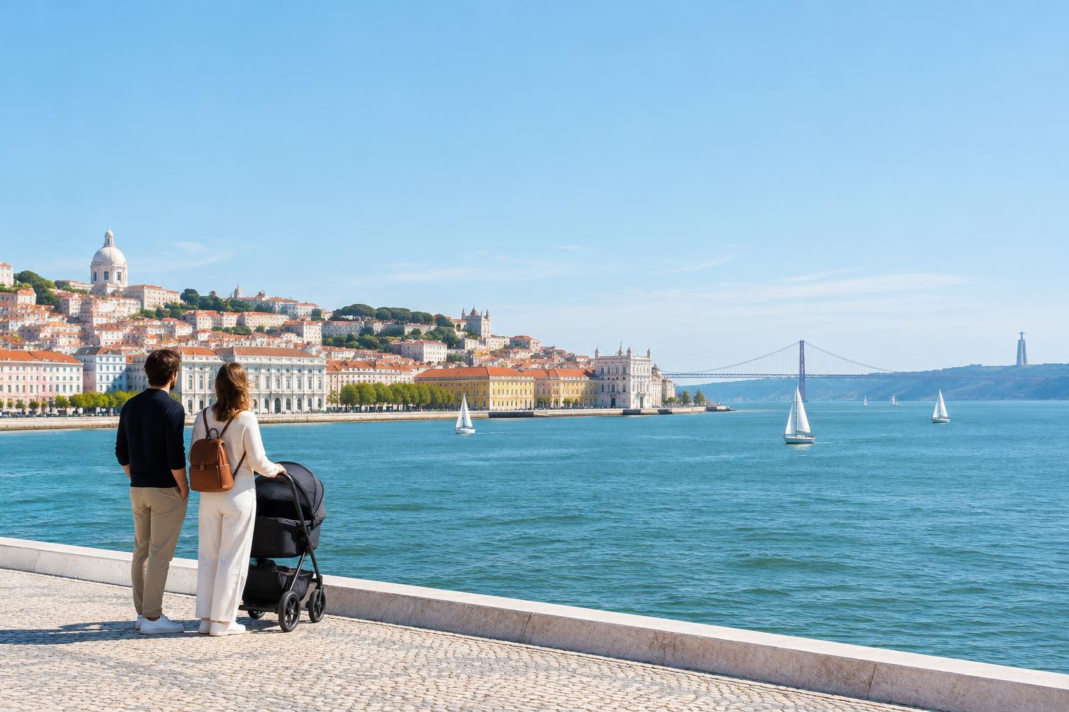 A family looking across the Lisbon waterfront